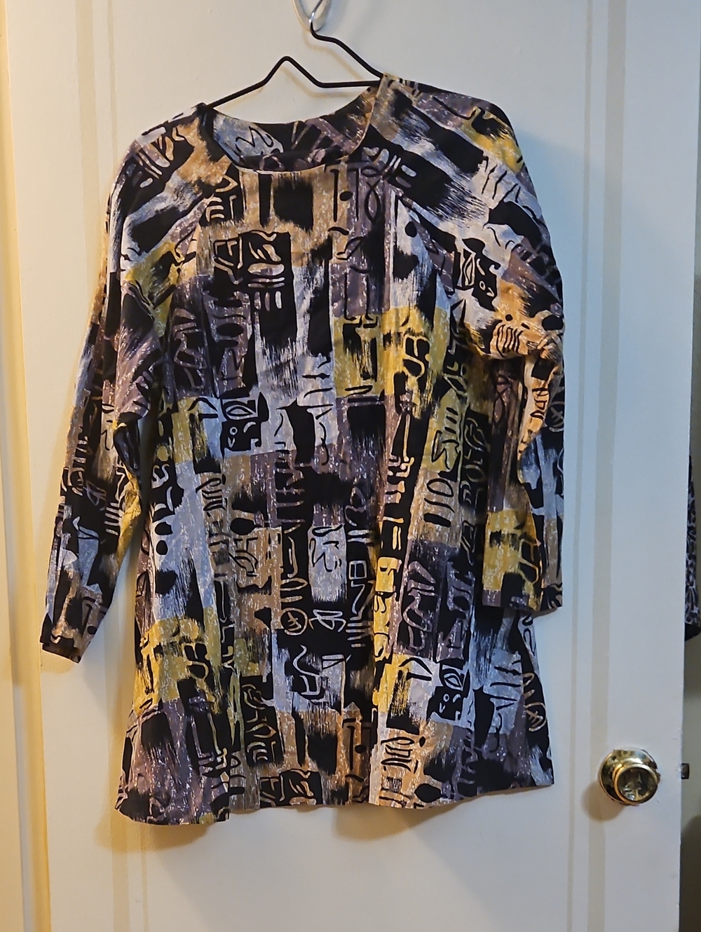 HANDCRAFTED Abstract Print 3-piece Yellow & Black Tunic, Pants, Mini Skirt Small